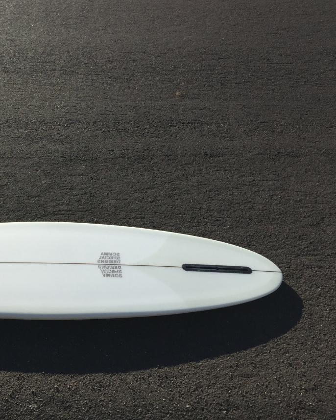 Custom displacement hull hand shaped surfboard by shaper Shea Somma of Central California