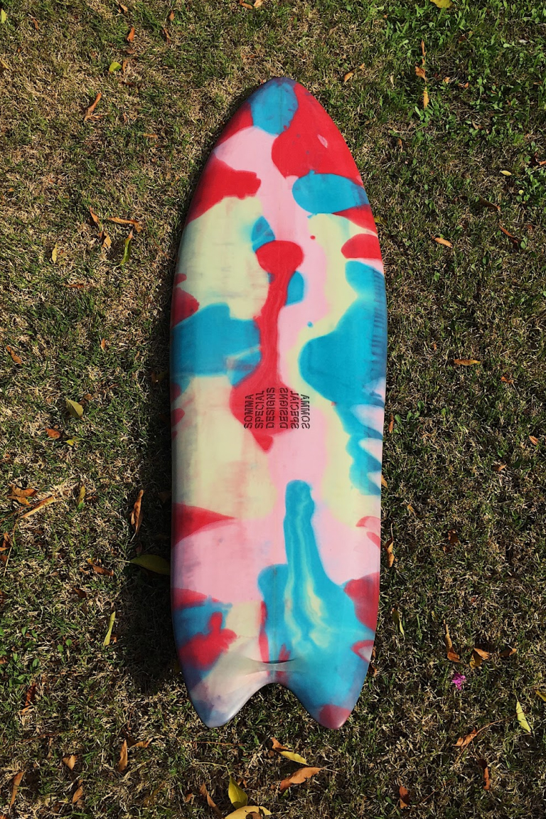 Top side custom hand shaped sidecut fish surfboard by shaper Shea Somma